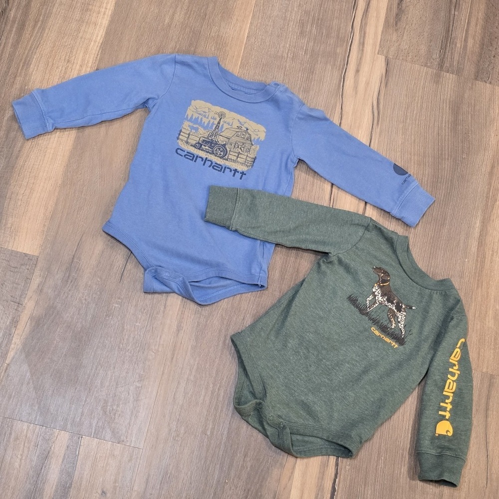 2 Carhartt Boys Long Sleeve Snap Bodysuit Size Blue Green Dog One Piece 18 Mo